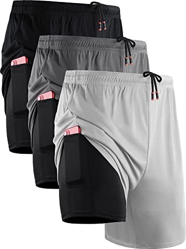 NELEUS Men's 2 in 1 Running Shorts with Liner, Dry Fit Workout Shorts with Pockets, 3 Pack, Black/Grey/White