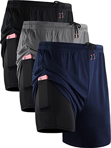 NELEUS Men's 2 in 1 Running Shorts with Liner, Dry Fit Workout Shorts with Pockets, 3 Pack, Black/Grey/Navy Blue