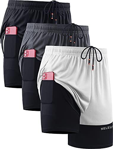 NELEUS Men's 2 in 1 Running Shorts with Liner, Dry Fit Mesh Gym Workout Shorts with Pockets, 3 Pack, Black/Grey/White