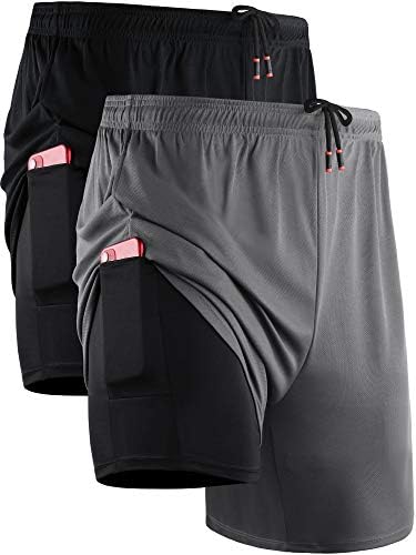 NELEUS Men's 2 in 1 Running Shorts with Liner, Dry Fit Workout Shorts with Pockets, 2 Pack, Black/Grey