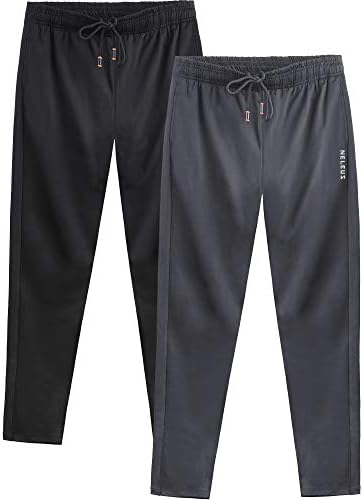 NELEUS Men's 2 Pack Athletic Workout Running Tapered Pants, Black, Grey