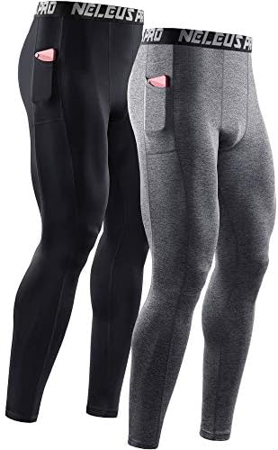 NELEUS Men's 2 Pack Dry Fit Compression Pants Running Tights with Pocket, Black/Grey