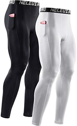 NELEUS Men's 2 Pack Dry Fit Compression Pants Running Tights with Pocket, Black/White