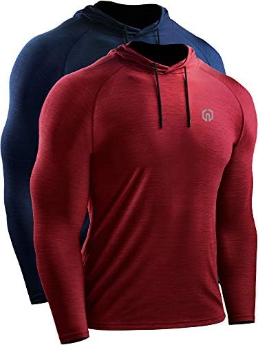 NELEUS Men's 2 Pack Dry Fit Running Shirt Long Sleeve Workout Athletic Shirts with Hoods, 5071 Navy Blue, Red