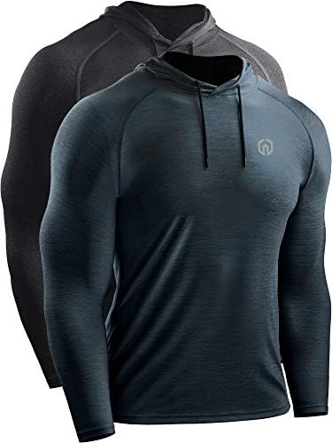 NELEUS Men's 2 Pack Dry Fit Running Shirt Long Sleeve Workout Athletic Shirts with Hoods, 5071 Slate Grey, Dark Grey
