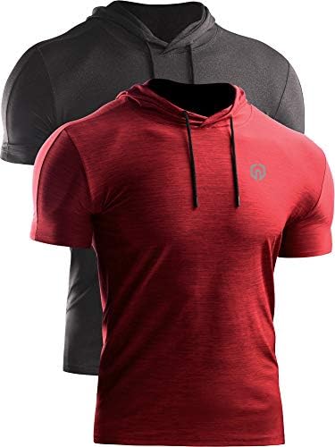 NELEUS Men's 2 Pack Dry Fit Running Shirt Workout Athletic Shirt with Hoods, Grey Black, Red