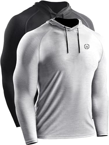 NELEUS Men's 2 Pack Dry Fit Running Shirt Long Sleeve Workout Athletic Shirts with Hoods, 5071 Dark Grey, Light Grey