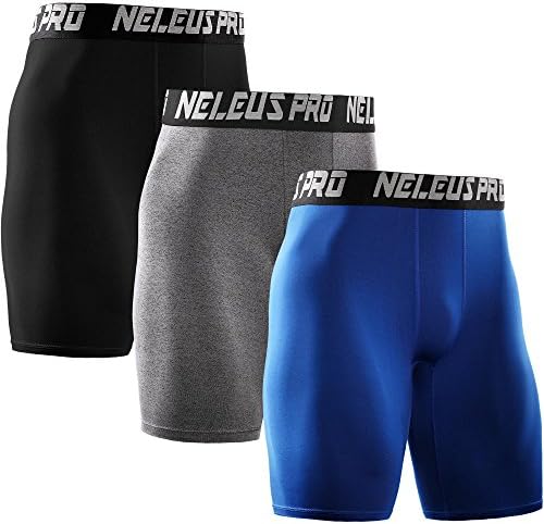 NELEUS Men's 3 Pack Athletic Compression Short, Black, Grey, Blue