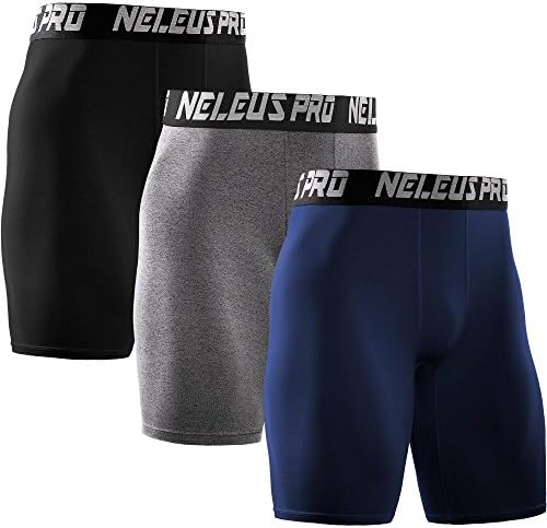 NELEUS Men's 3 Pack Athletic Compression Short, Black, Grey, Navy Blue