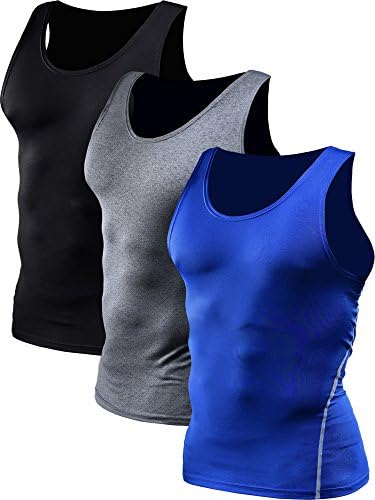 NELEUS Men's 3 Pack Athletic Compression Under Base Layer Sport Tank Top, Black, Grey, Blue