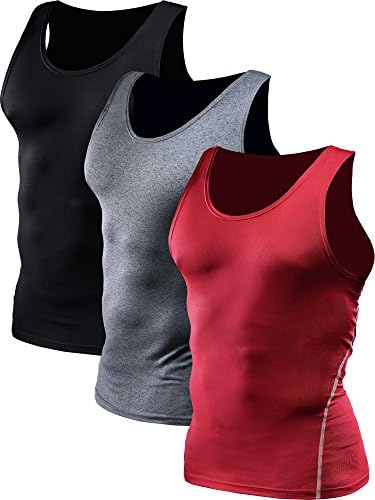 NELEUS Men's 3 Pack Athletic Compression Under Base Layer Sport Tank Top, Black, Grey, Red