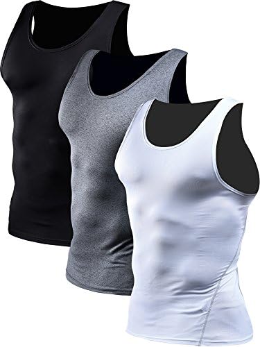 NELEUS Men's 3 Pack Athletic Compression Under Base Layer Sport Tank Top, Black, Grey, White