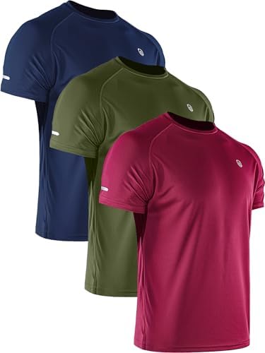 NELEUS Men's 3 Pack Athletic Shirt Dry Fit Gym Workout Running Shirts Moisture Wicking, Red/Olive Green/Navy Blue