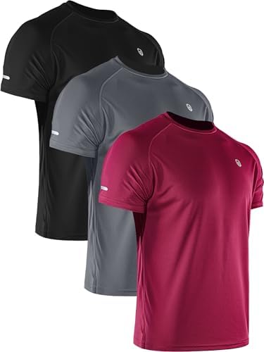 NELEUS Men's 3 Pack Athletic Shirt Dry Fit Gym Workout Running Shirts Moisture Wicking, Black/Grey/red