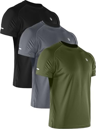 NELEUS Men's 3 Pack Athletic Shirt Dry Fit Gym Workout Running Shirts Moisture Wicking, Black/Grey/Olive Green
