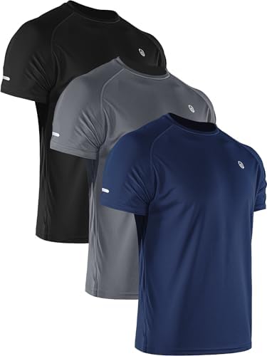 NELEUS Men's 3 Pack Athletic Shirt Dry Fit Gym Workout Running Shirts Moisture Wicking, Black/Grey/Navy Blue