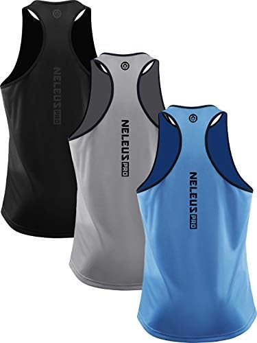 NELEUS Men's 3 Pack Athletic Tank Tops Lightweight UPF 50+ Sun Protection SPF Sleeveless Shirts, Black/Grey/Light Blue