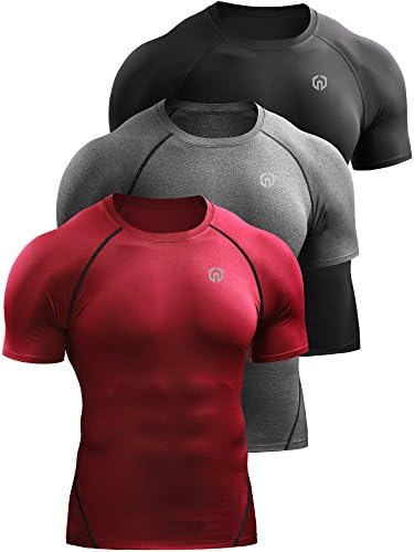 NELEUS Men's 3 Pack Compression Baselayer Athletic Workout T Shirts, Black, Grey, Red