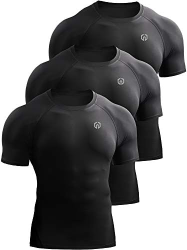 NELEUS Men's 3 Pack Compression Baselayer Athletic Workout T Shirts, Black, Black, Black