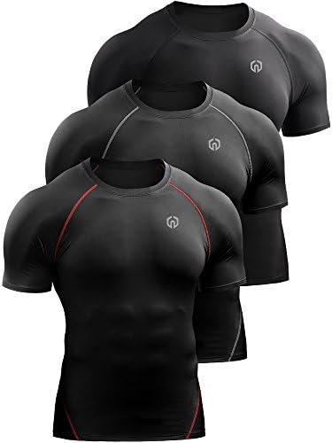 NELEUS Men's 3 Pack Compression Baselayer Athletic Workout T Shirts, Black, Black(Grey), Black(red)