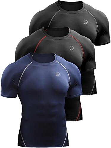 NELEUS Men's 3 Pack Compression Baselayer Athletic Workout T Shirts, Black(Grey), Black(red), nvay