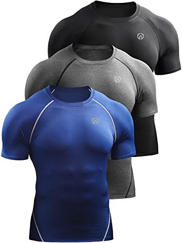 NELEUS Men's 3 Pack Compression Baselayer Athletic Workout T Shirts, Black, Grey, Blue