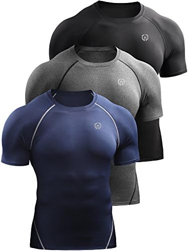 NELEUS Men's 3 Pack Compression Baselayer Athletic Workout T Shirts, Black, Grey, Navy Blue