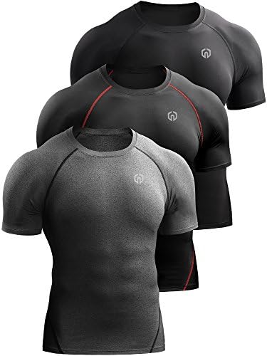 NELEUS Men's 3 Pack Compression Baselayer Athletic Workout T Shirts, Black, Black(red), Grey