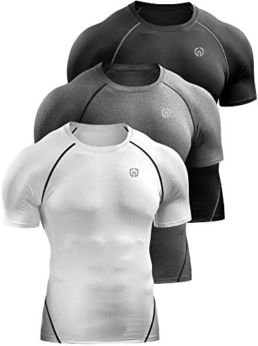 NELEUS Men's 3 Pack Compression Baselayer Athletic Workout T Shirts, Black, Grey, White