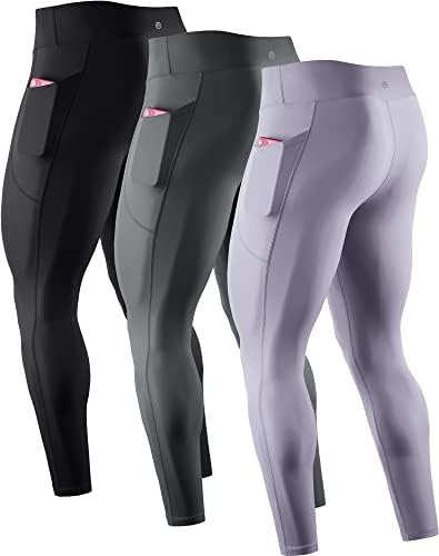 NELEUS Men's 3 Pack Compression Pants Workout Running Tights with Pocket, 6109 Black, Grey, Purple
