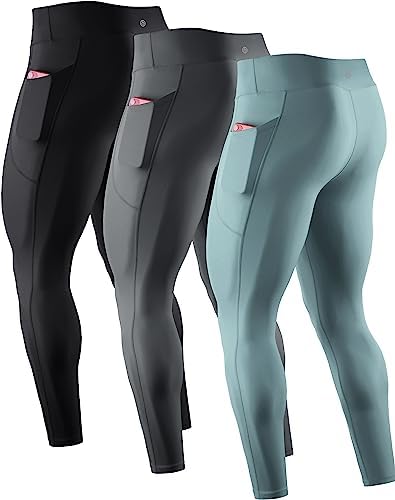 NELEUS Men's 3 Pack Compression Pants Workout Running Tights with Pocket, 6109 Black, Grey, Grey-Green