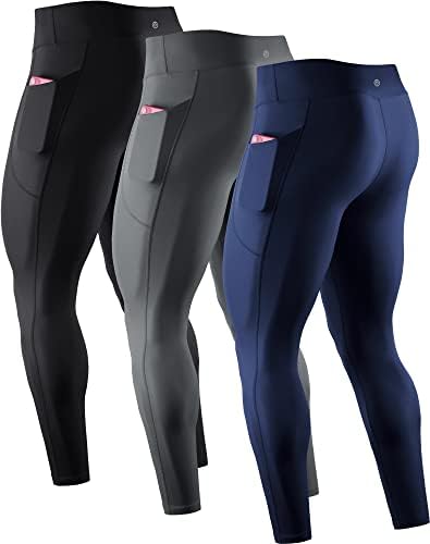 NELEUS Men's 3 Pack Compression Pants Workout Running Tights with Pocket, 6109 Black, Grey, Navy Blue