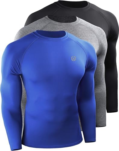 NELEUS Men's 3 Pack Compression Shirt Athletic Running Shirts, Black/Grey/Blue