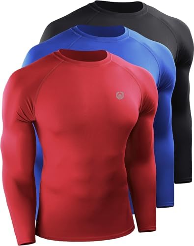 NELEUS Men's 3 Pack Compression Shirt Athletic Running Shirts, Black/Red/Blue