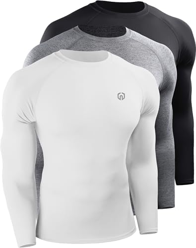 NELEUS Men's 3 Pack Compression Shirt Athletic Running Shirts, Black/Grey/White