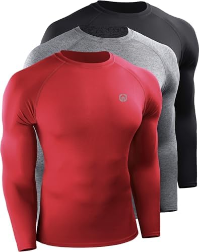 NELEUS Men's 3 Pack Compression Shirt Athletic Running Shirts, Black/Grey/Red