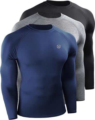 NELEUS Men's 3 Pack Compression Shirt Athletic Running Shirts, Black/Grey/Navy, Blue