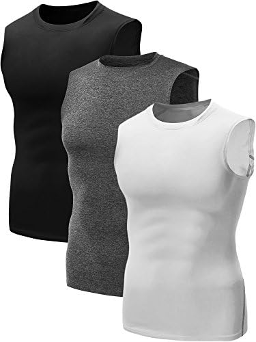 NELEUS Men's 3 Pack Compression Shirt Sport Athletic Workout Tank Top, Black, White, Grey