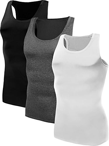 NELEUS Men's 3 Pack Compression Shirt Sport Athletic Workout Tank Top, Black, Grey, White