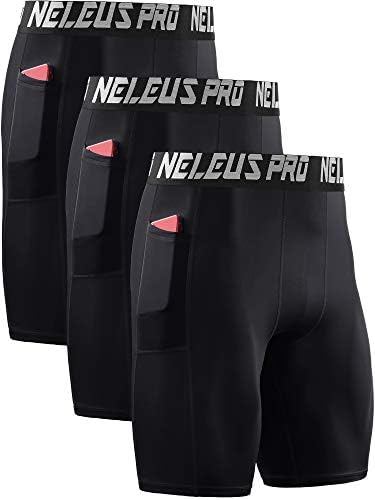 NELEUS Men's 3 Pack Compression Shorts with Pockets Dry Fit Yoga Running Shorts, Black/Black/Black