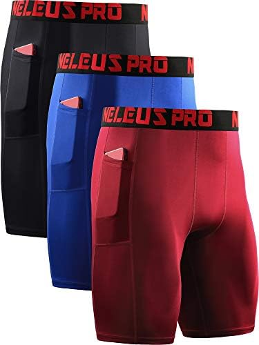NELEUS Men's 3 Pack Compression Shorts with Phone Pockets, Black/Blue/Red