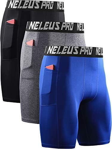 NELEUS Men's 3 Pack Compression Shorts with Pockets Dry Fit Yoga Running Shorts, Black/Grey/Blue