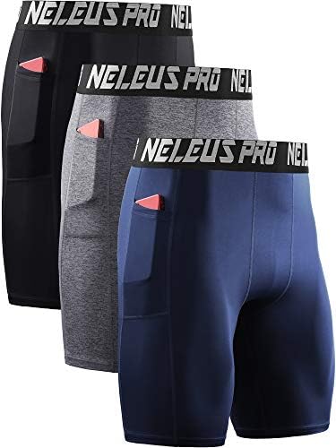 NELEUS Men's 3 Pack Compression Shorts with Pockets Dry Fit Yoga Running Shorts, Black/Grey/Navy Blue