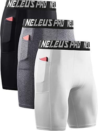 NELEUS Men's 3 Pack Compression Shorts with Pockets Dry Fit Yoga Running Shorts, Black/Grey/White