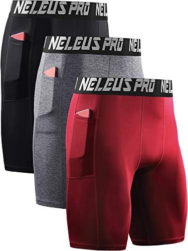 NELEUS Men's 3 Pack Compression Shorts with Pockets Dry Fit Yoga Running Shorts, Black/Grey/Red