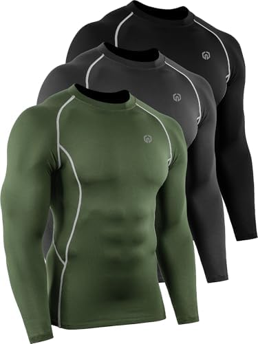 NELEUS Men's 3 Pack Compression Workout Long Sleeve Shirts, Black, Grey, Green, Pack of 3