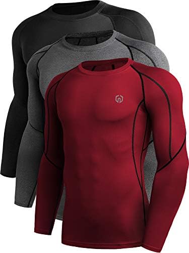 NELEUS Men's 3 Pack Compression Workout Long Sleeve Shirts, Black, Grey, Red