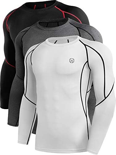 NELEUS Men's 3 Pack Compression Workout Long Sleeve Shirts, Black (Red Stripe), Grey, White