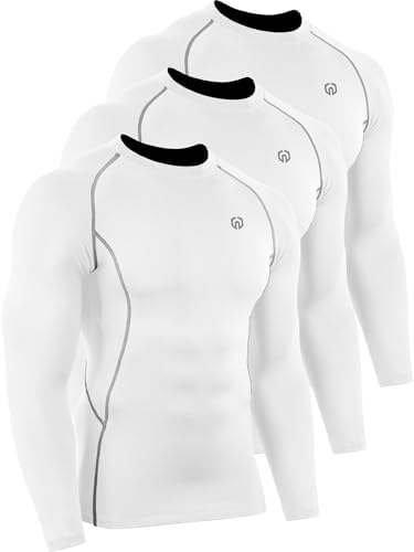 NELEUS Men's 3 Pack Compression Workout Long Sleeve Shirts, White, White, White, Pack of 3
