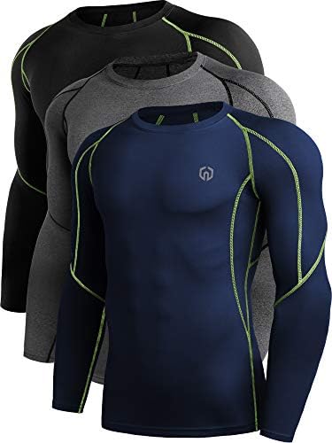 NELEUS Men's 3 Pack Compression Workout Long Sleeve Shirts, Black (Green Stripe), Grey, Navy Blue